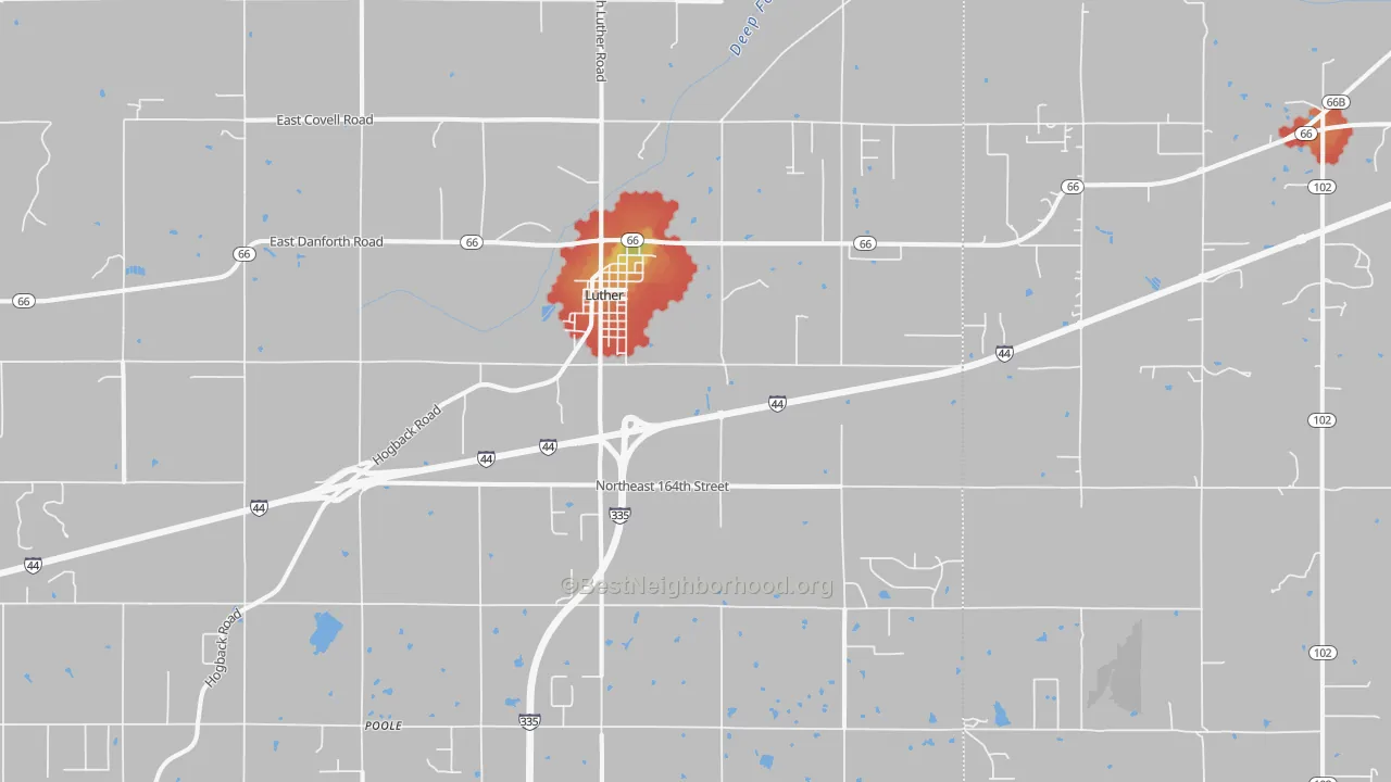 Walk Grade map of Luther, OK, walkable areas in green and car-dependent areas in red