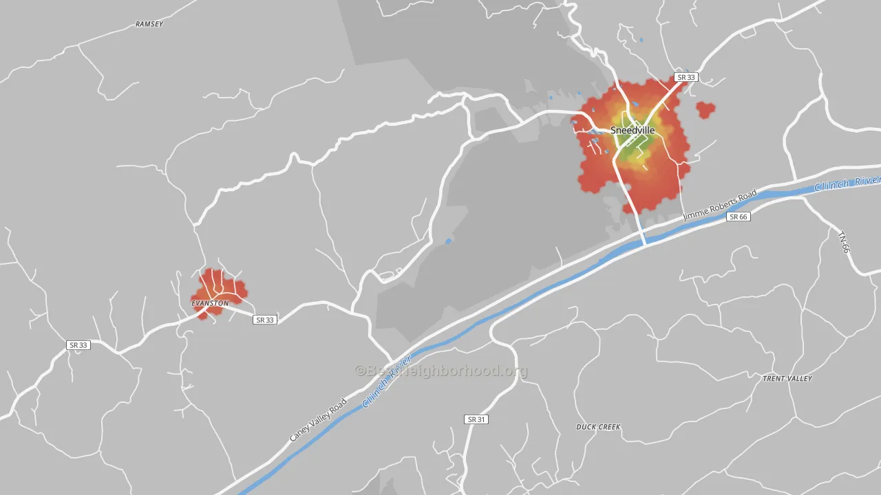 Walk Grade map of Luther, TN, walkable areas in green and car-dependent areas in red
