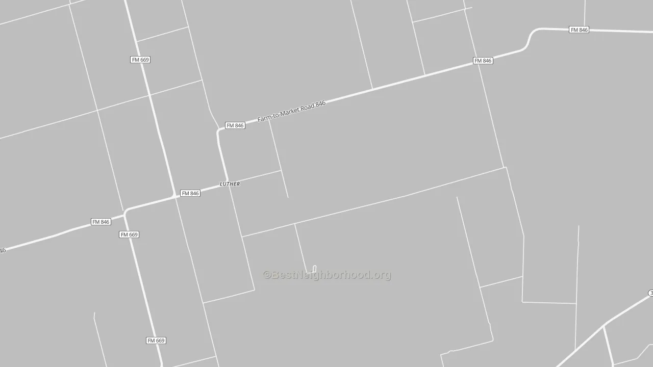 Walk Grade map of Luther, TX, walkable areas in green and car-dependent areas in red
