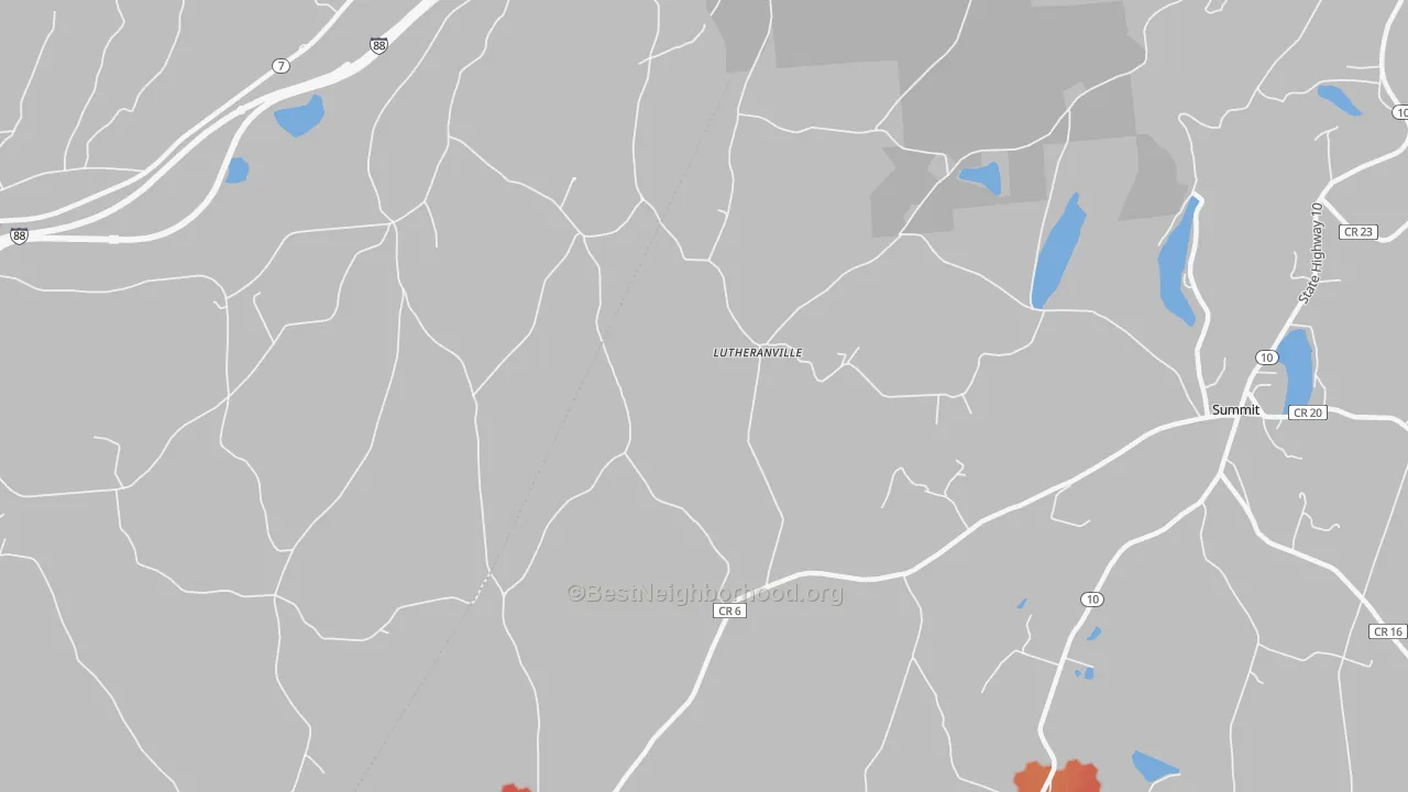 Walk Grade map of Lutheranville, NY, walkable areas in green and car-dependent areas in red