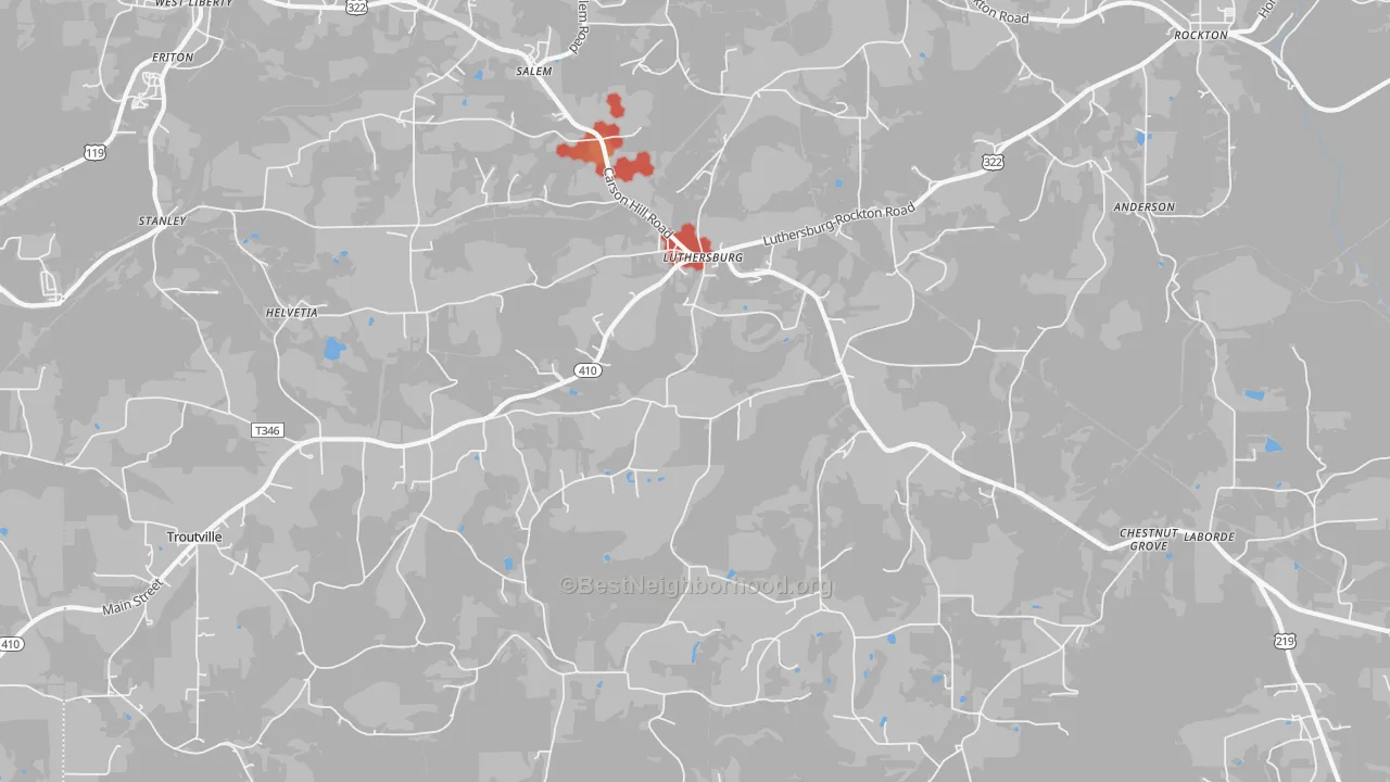 Walk Grade map of Luthersburg, PA, walkable areas in green and car-dependent areas in red
