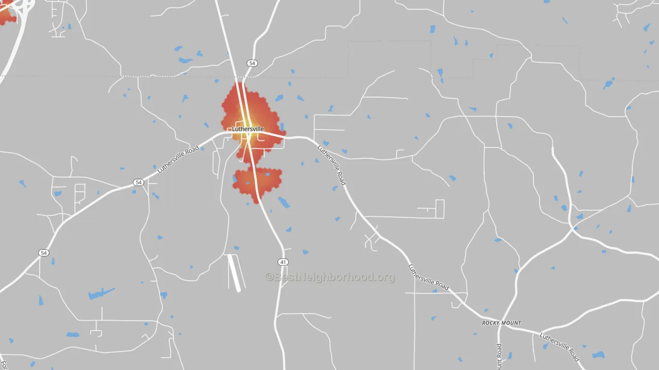 Walk Grade map of Luthersville, GA, walkable areas in green and car-dependent areas in red