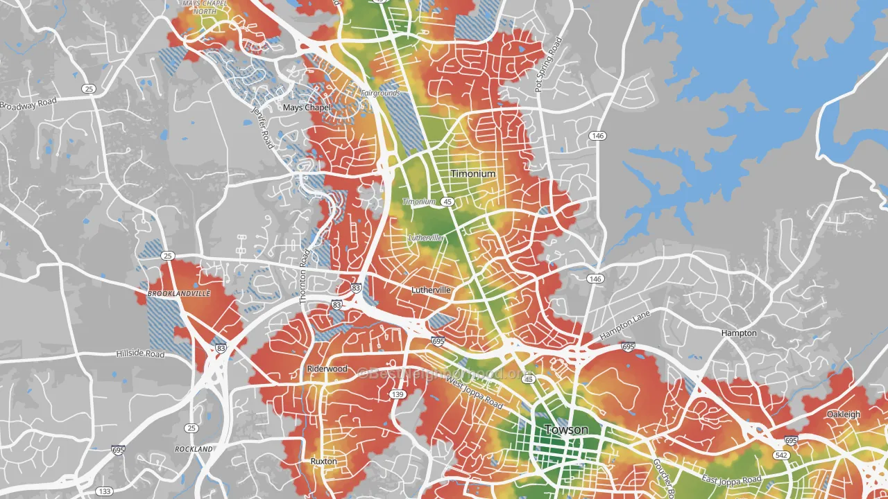 Walk Grade map of Lutherville, MD, walkable areas in green and car-dependent areas in red