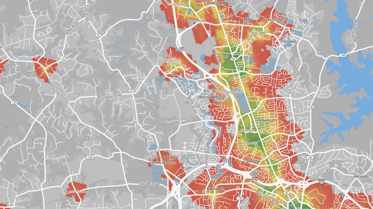 Walk Grade map of Lutherville-Timonium, MD, walkable areas in green and car-dependent areas in red