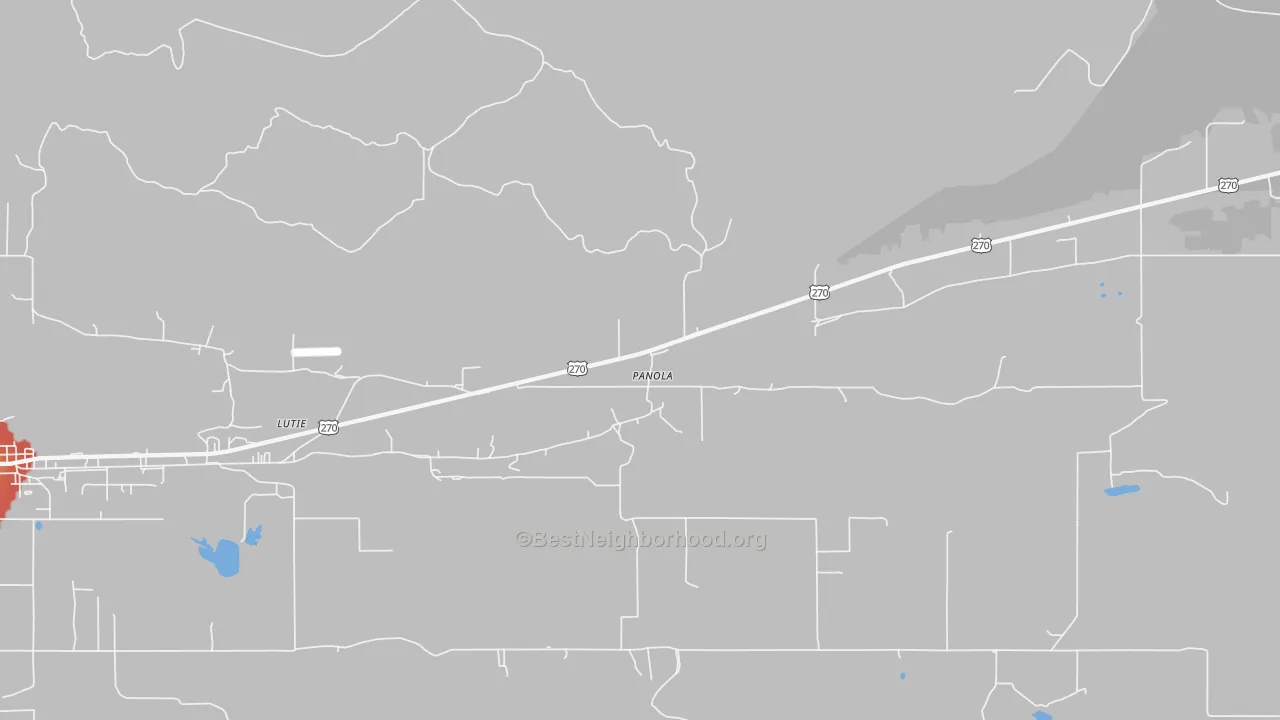 Walk Grade map of Lutie, OK, walkable areas in green and car-dependent areas in red