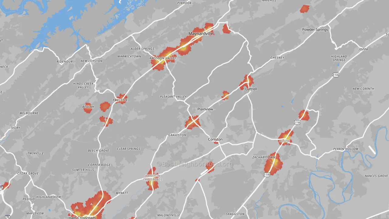 Walk Grade map of Luttrell, TN, walkable areas in green and car-dependent areas in red