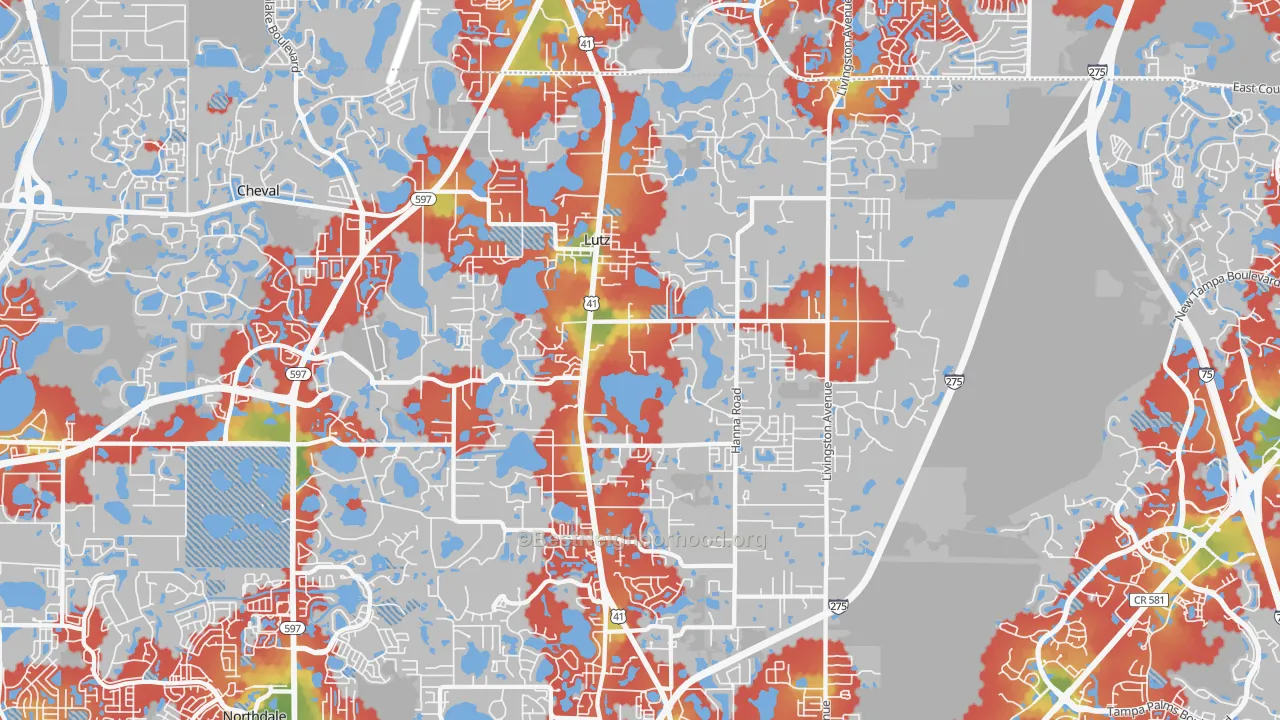 Walk Grade map of Lutz, FL, walkable areas in green and car-dependent areas in red