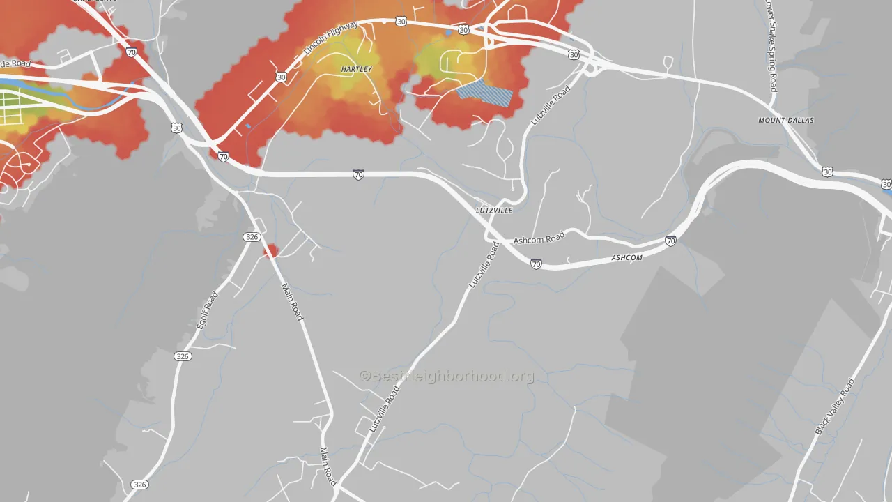 Walk Grade map of Lutzville, PA, walkable areas in green and car-dependent areas in red