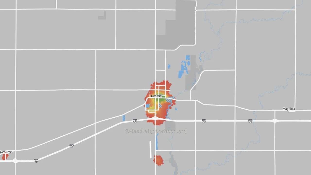 Walk Grade map of Luverne, MN, walkable areas in green and car-dependent areas in red