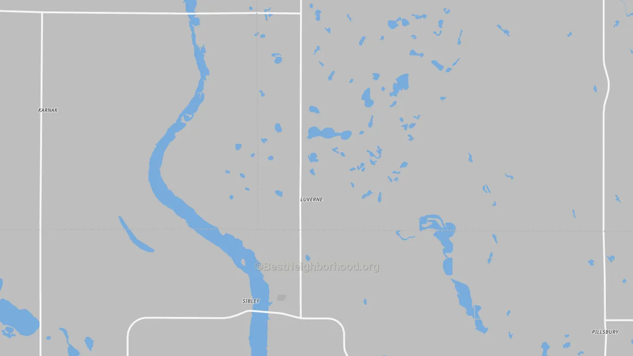 Walk Grade map of Luverne, ND, walkable areas in green and car-dependent areas in red