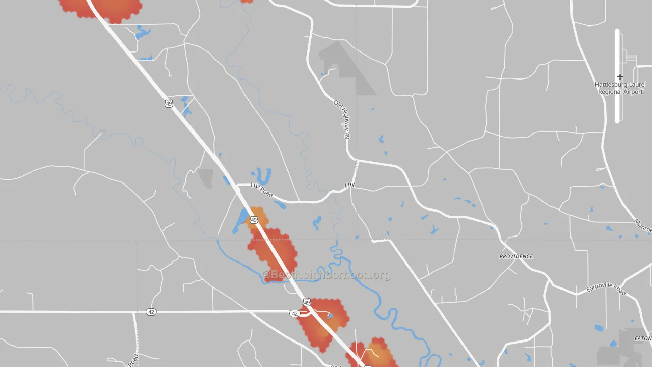 Walk Grade map of Lux, MS, walkable areas in green and car-dependent areas in red