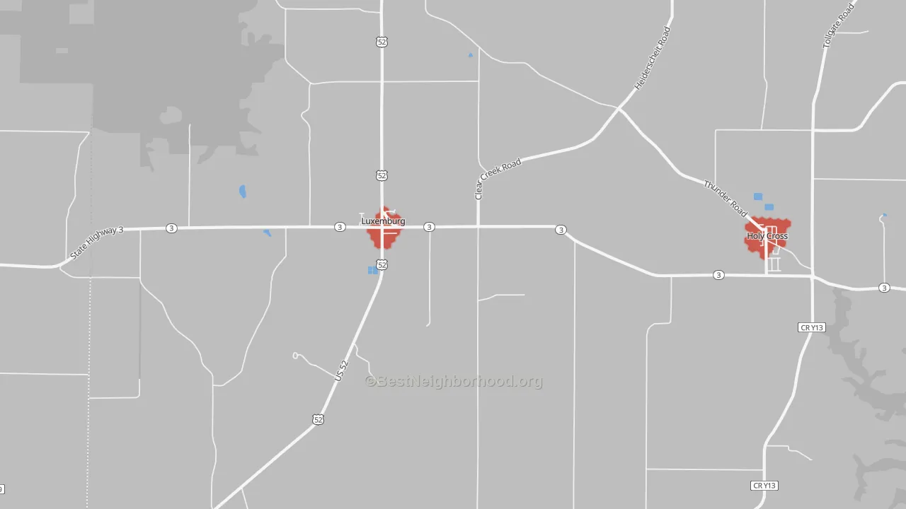 Walk Grade map of Luxemburg, IA, walkable areas in green and car-dependent areas in red