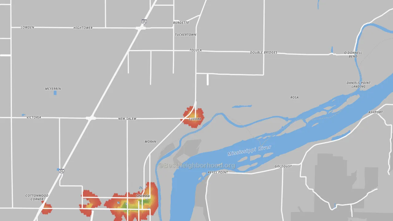 Walk Grade map of Luxora, AR, walkable areas in green and car-dependent areas in red