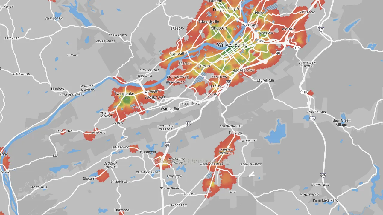 Walk Grade map of Luzerne County, PA, walkable areas in green and car-dependent areas in red