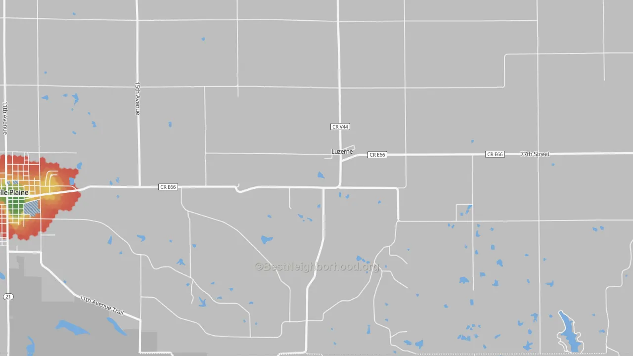 Walk Grade map of Luzerne, IA, walkable areas in green and car-dependent areas in red