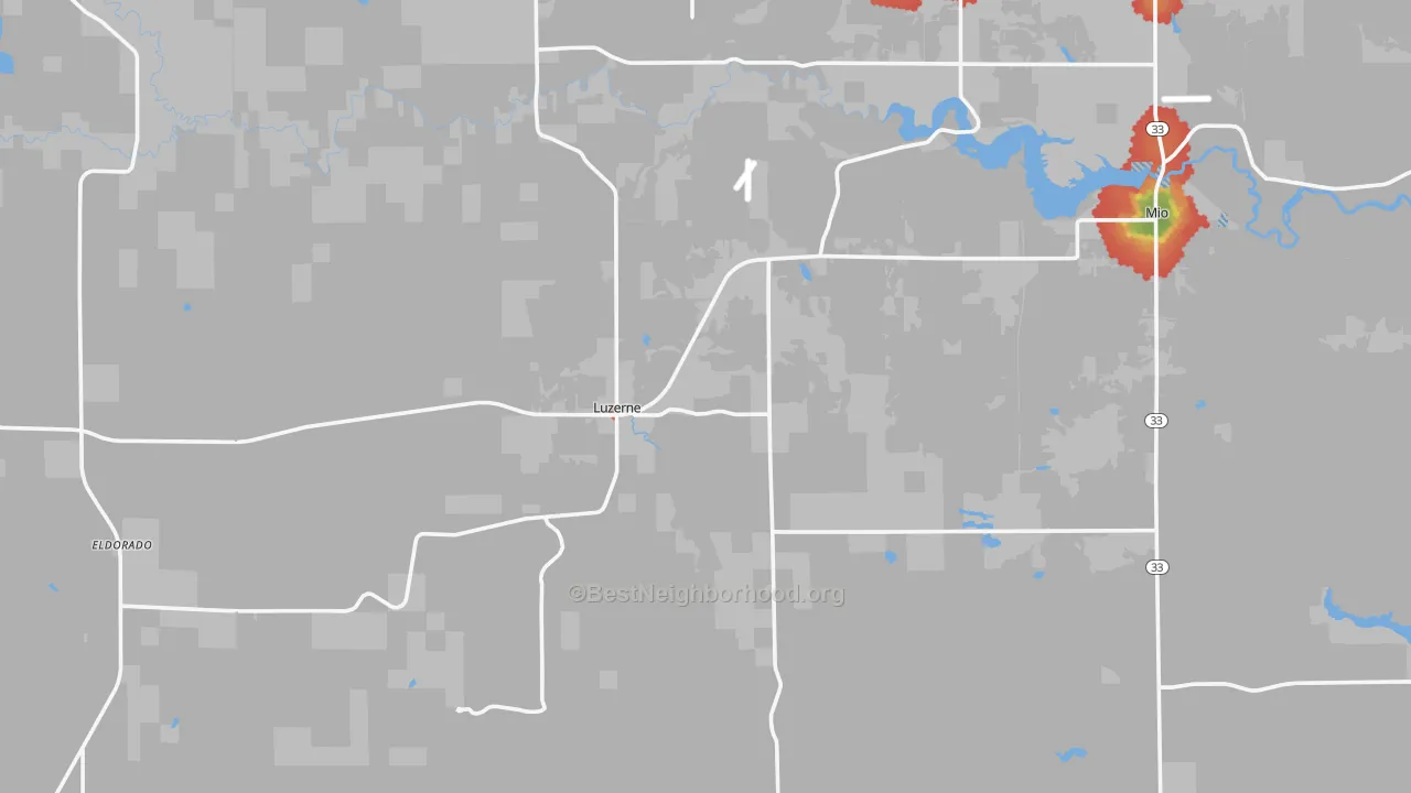 Walk Grade map of Luzerne, MI, walkable areas in green and car-dependent areas in red