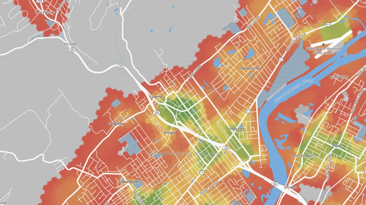 Walk Grade map of Luzerne, PA, walkable areas in green and car-dependent areas in red