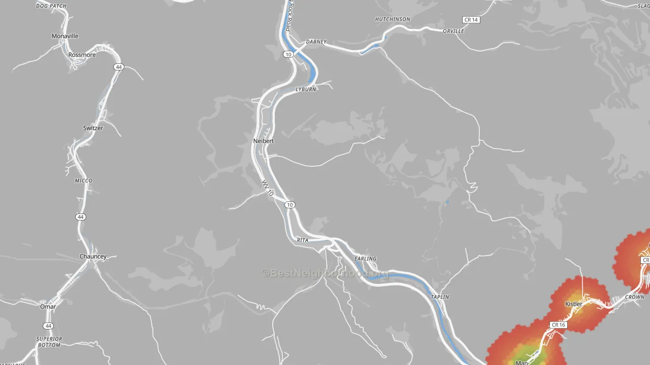 Walk Grade map of Lyburn, WV, walkable areas in green and car-dependent areas in red