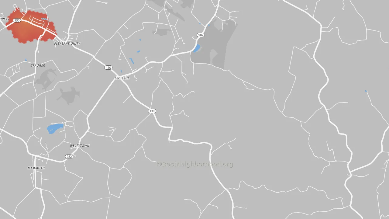 Walk Grade map of Lycippus, PA, walkable areas in green and car-dependent areas in red