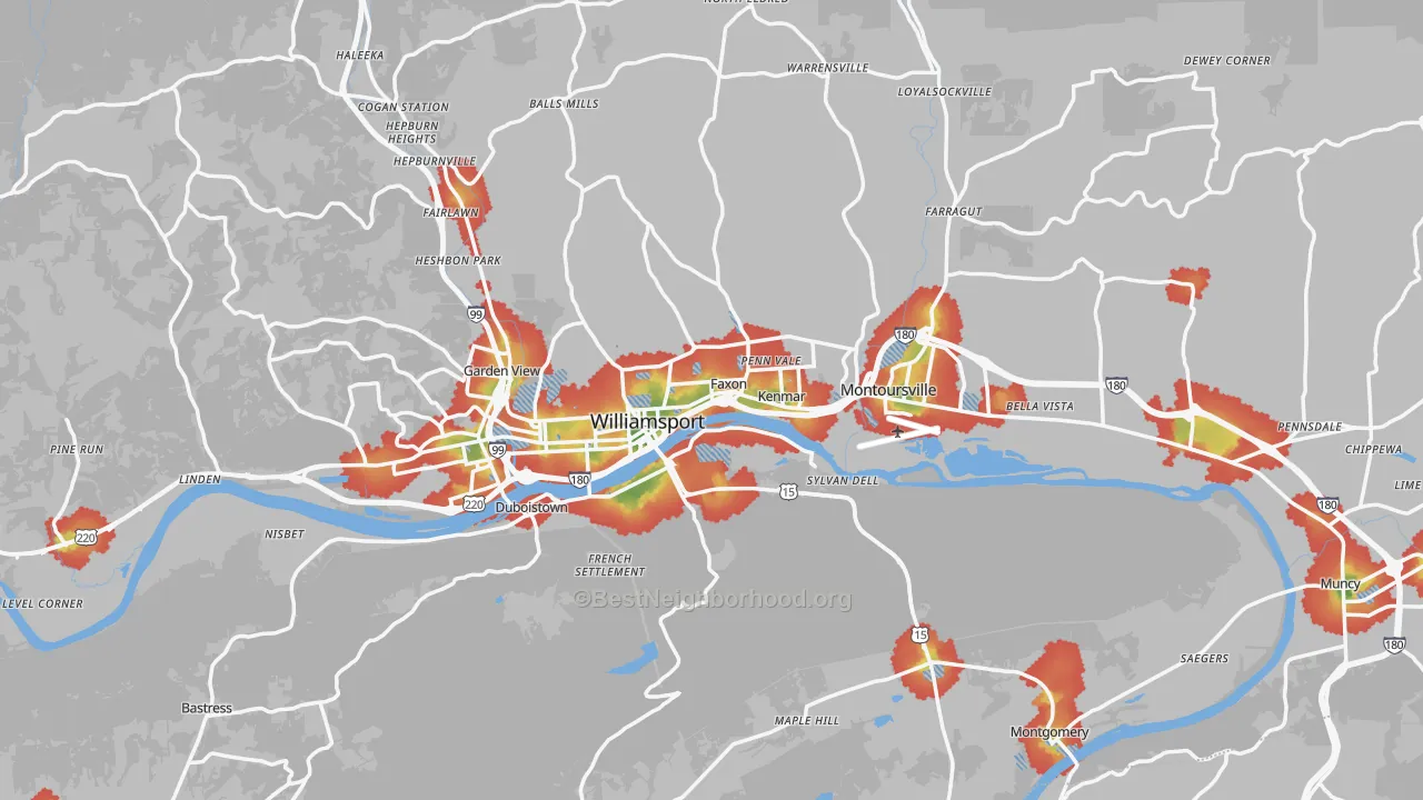 Walk Grade map of Lycoming County, PA, walkable areas in green and car-dependent areas in red