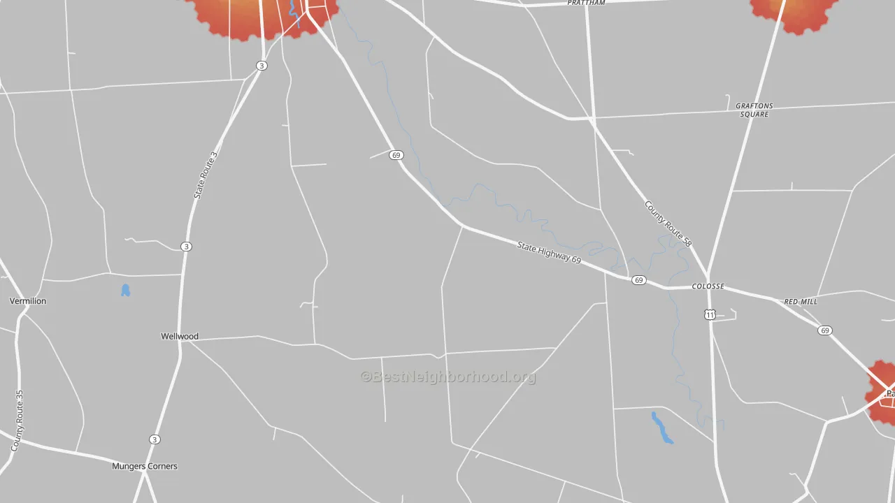Walk Grade map of Lycoming, NY, walkable areas in green and car-dependent areas in red