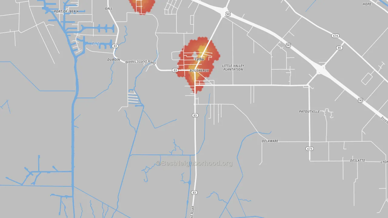 Walk Grade map of Lydia, LA, walkable areas in green and car-dependent areas in red
