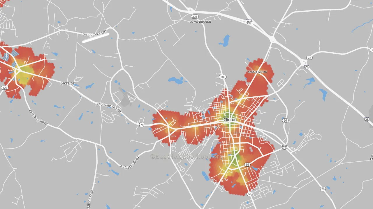 Walk Grade map of Lydia Mills, SC, walkable areas in green and car-dependent areas in red