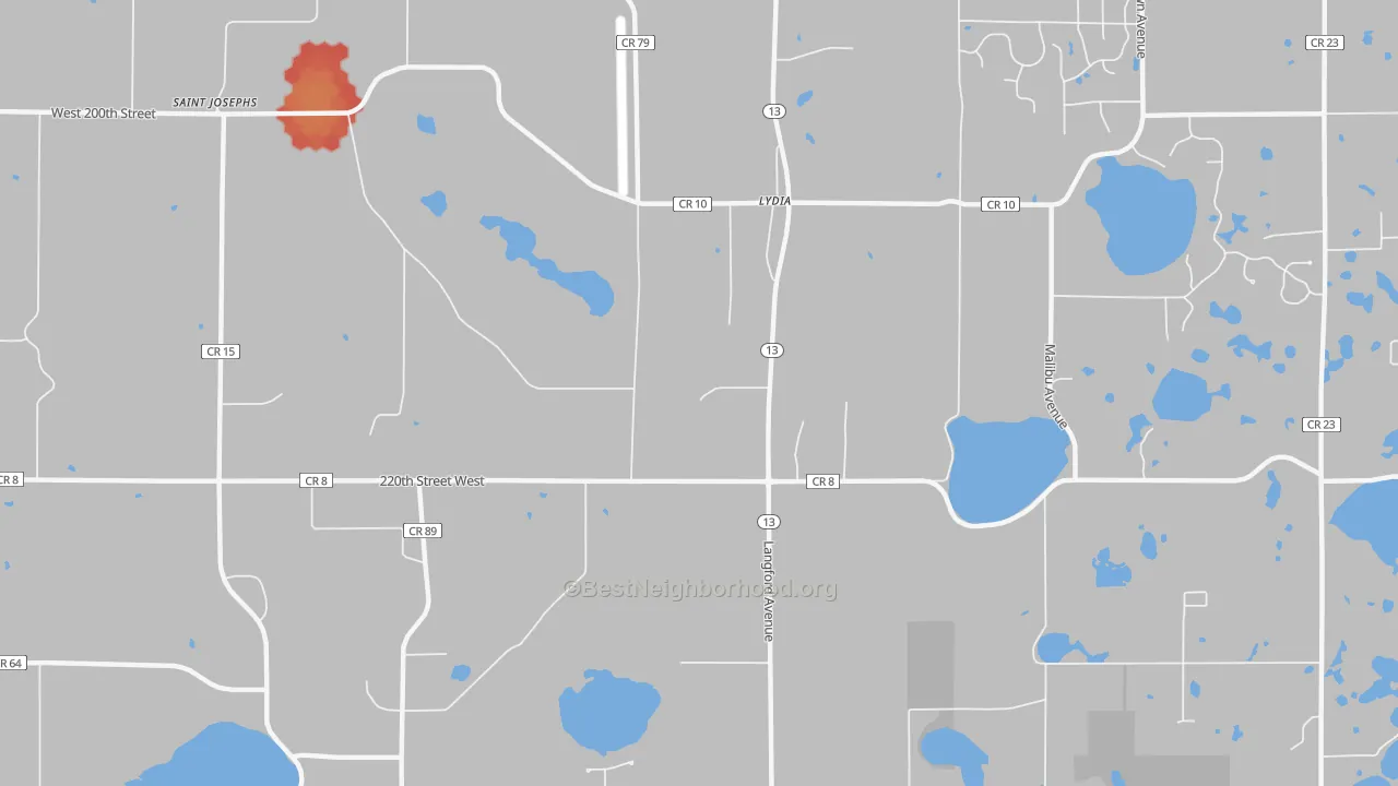 Walk Grade map of Lydia, MN, walkable areas in green and car-dependent areas in red