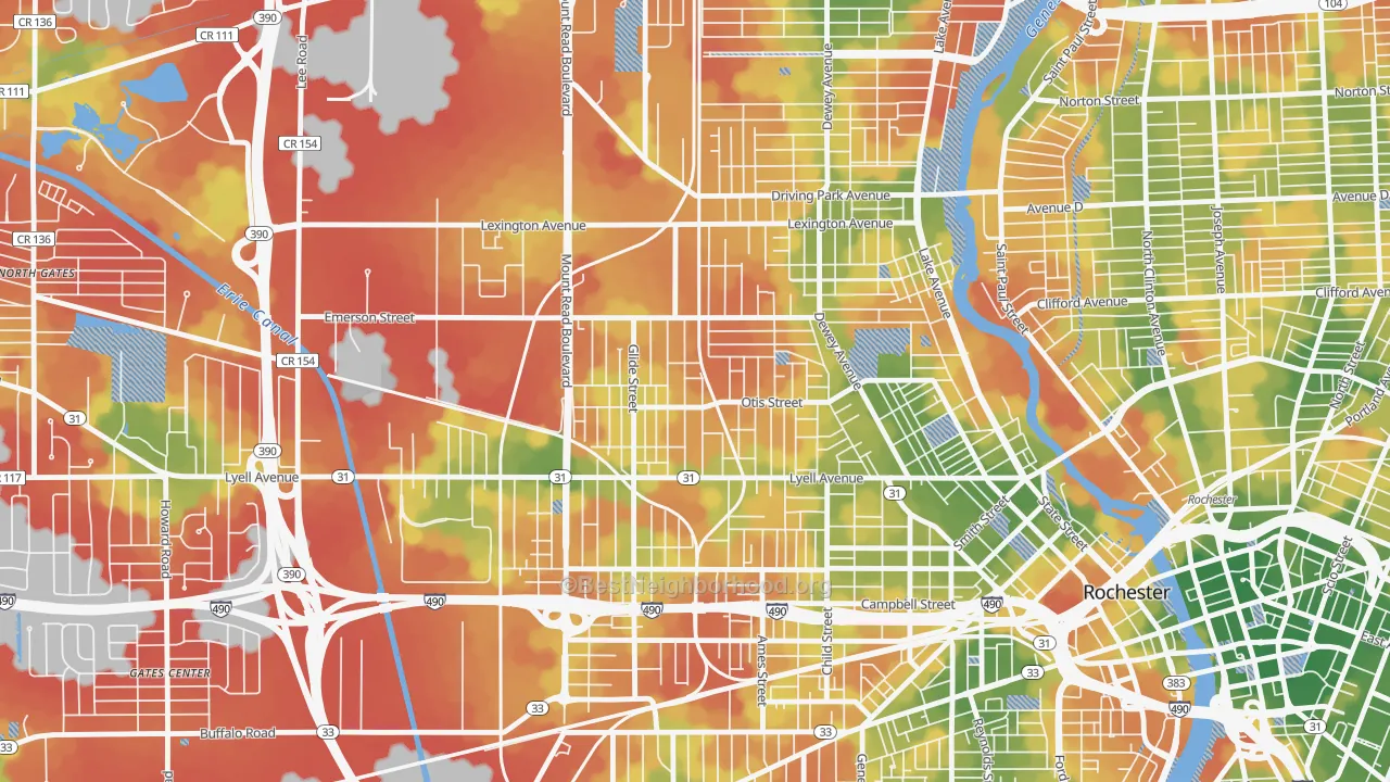 Walk Grade map of Lyell-Otis, Rochester, NY, walkable areas in green and car-dependent areas in red