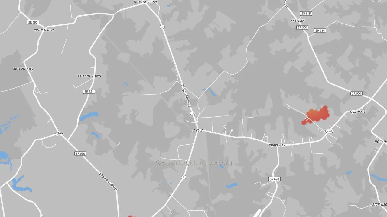 Walk Grade map of Lyells, VA, walkable areas in green and car-dependent areas in red