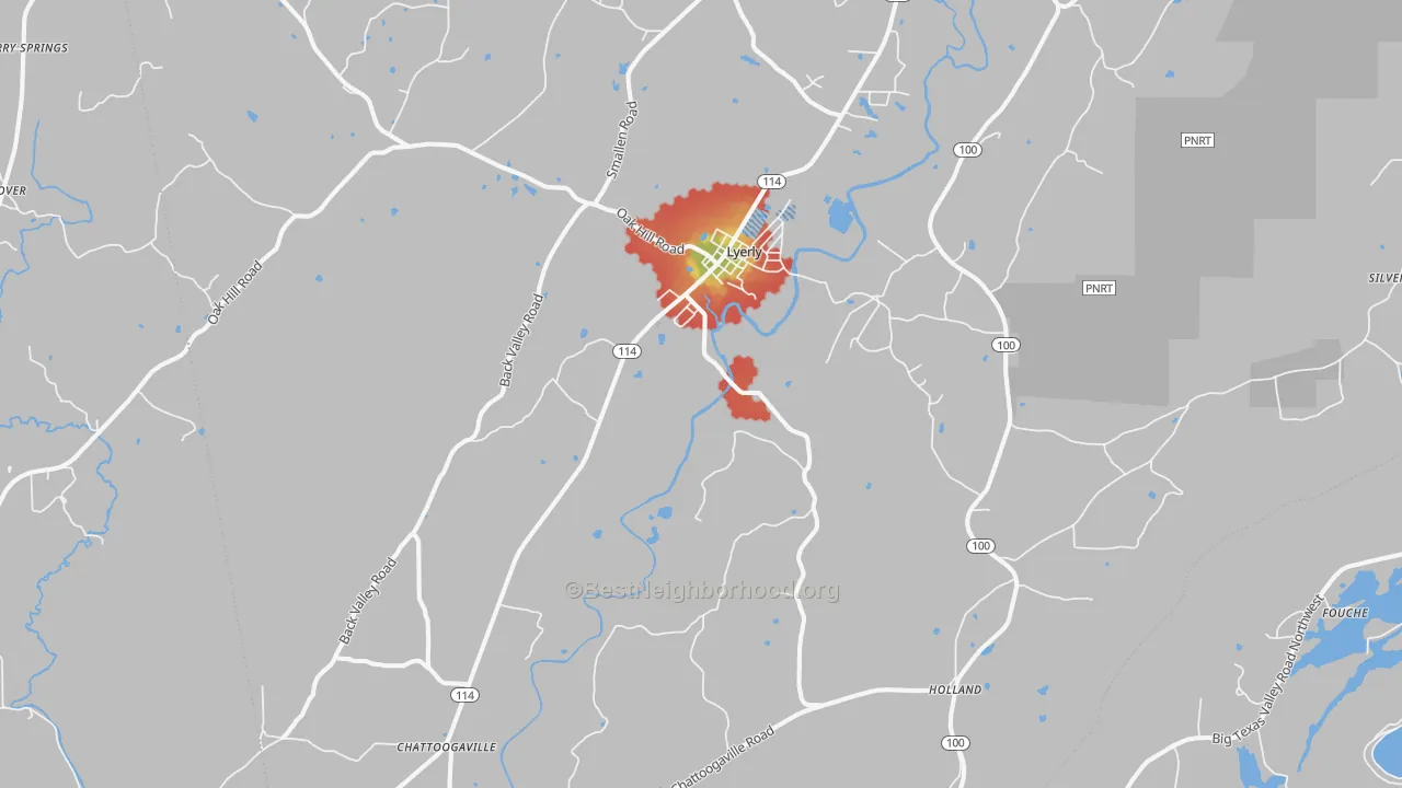Walk Grade map of Lyerly, GA, walkable areas in green and car-dependent areas in red