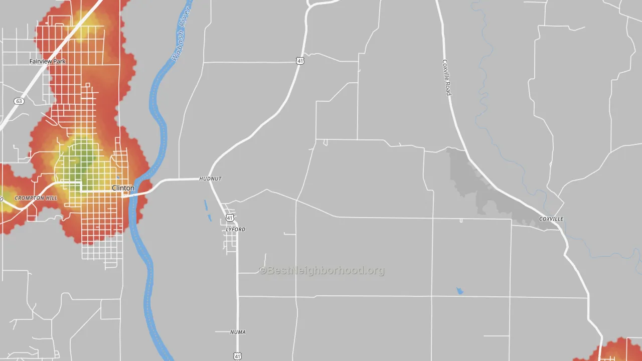 Walk Grade map of Lyford, IN, walkable areas in green and car-dependent areas in red