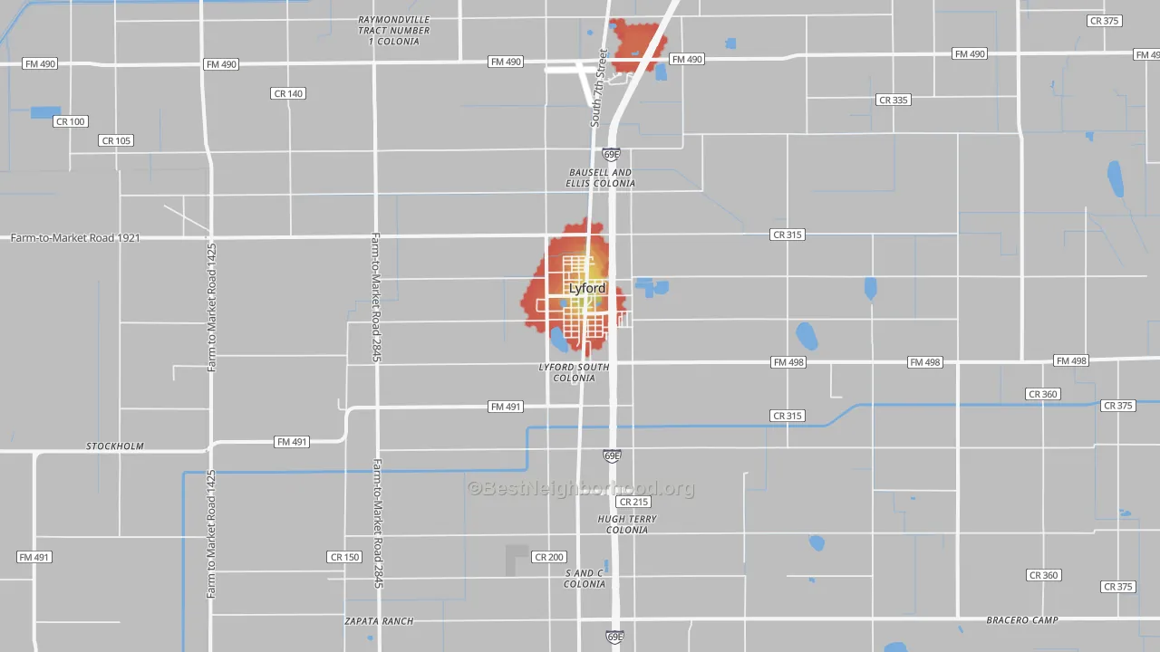 Walk Grade map of Lyford, TX, walkable areas in green and car-dependent areas in red