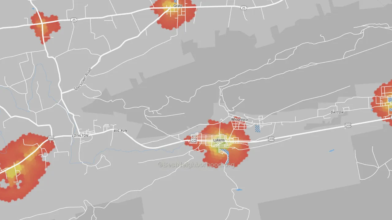 Walk Grade map of Lykens, PA, walkable areas in green and car-dependent areas in red
