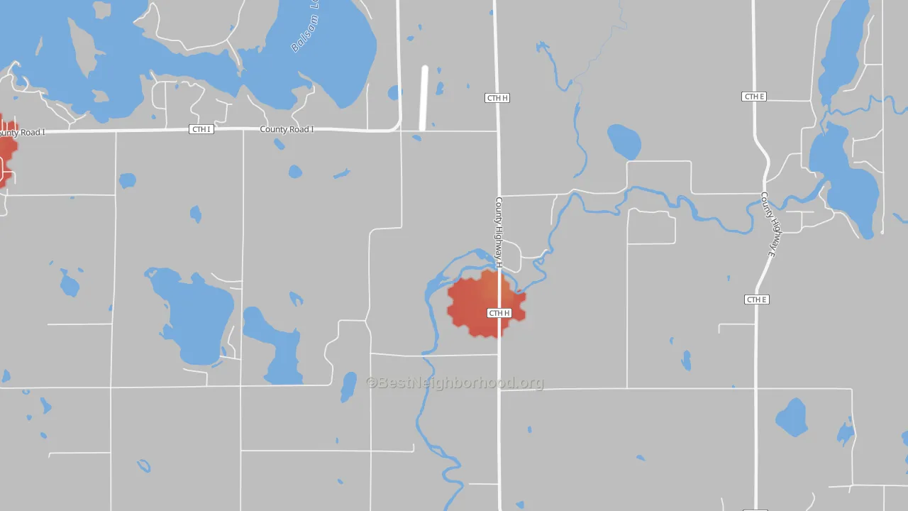 Walk Grade map of Lykens, WI, walkable areas in green and car-dependent areas in red
