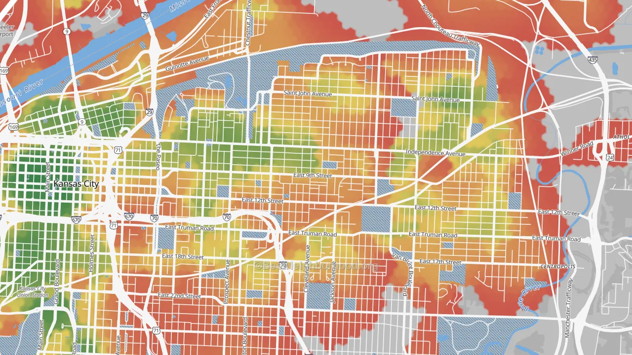 Walk Grade map of Lykins, Kansas City, MO, walkable areas in green and car-dependent areas in red