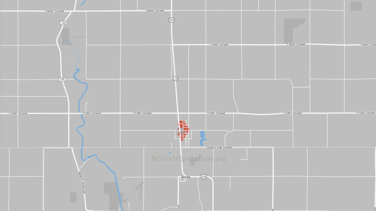 Walk Grade map of Lyle, MN, walkable areas in green and car-dependent areas in red