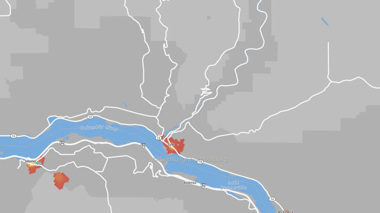 Walk Grade map of Lyle, WA, walkable areas in green and car-dependent areas in red