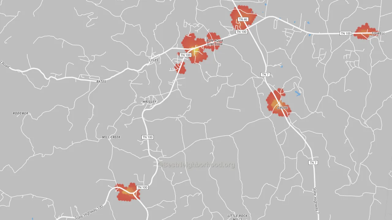 Walk Grade map of Lyles, TN, walkable areas in green and car-dependent areas in red