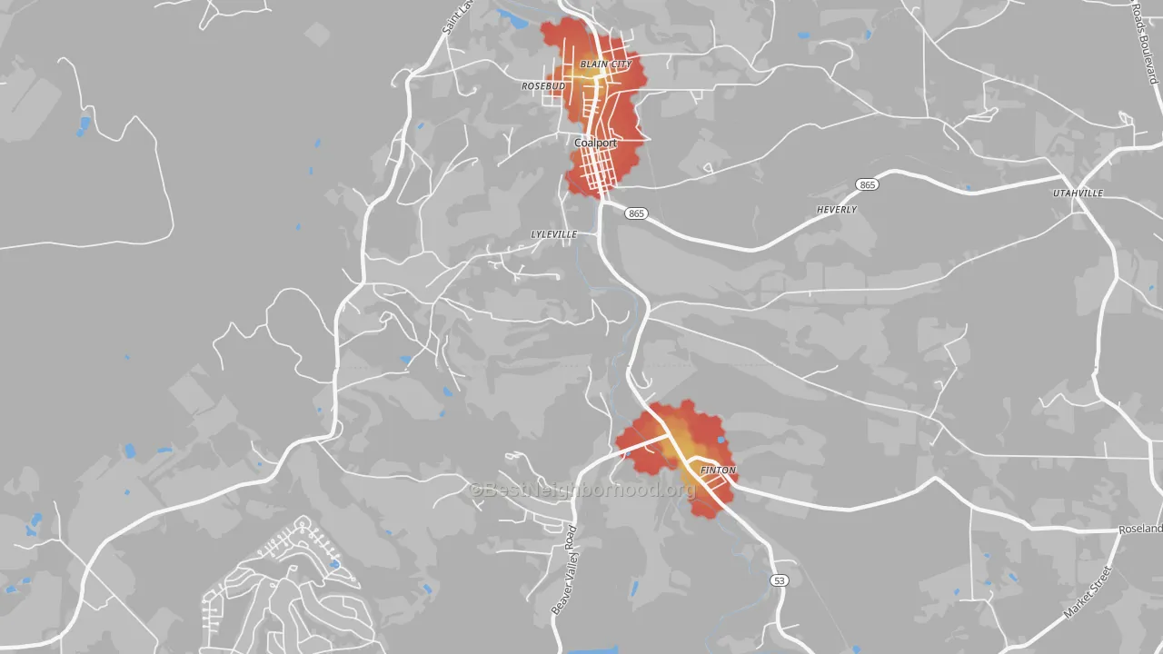 Walk Grade map of Lyleville, PA, walkable areas in green and car-dependent areas in red
