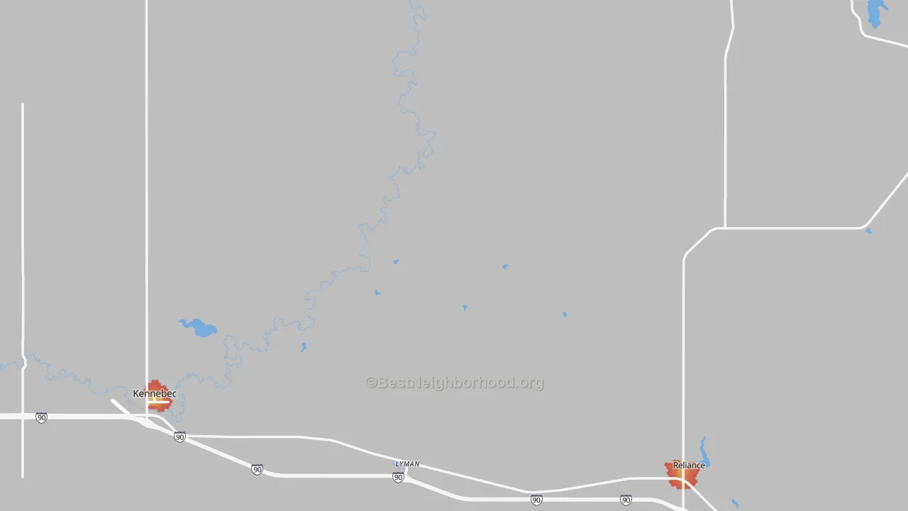 Walk Grade map of Lyman County, SD, walkable areas in green and car-dependent areas in red