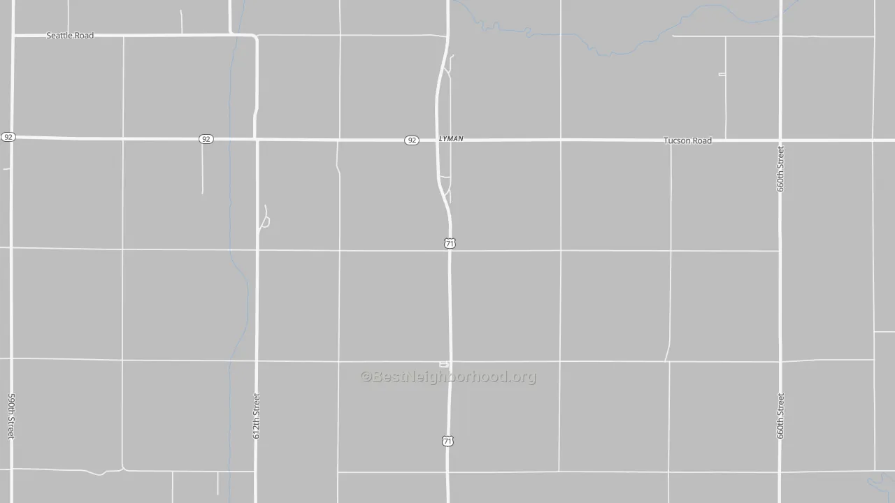 Walk Grade map of Lyman, IA, walkable areas in green and car-dependent areas in red