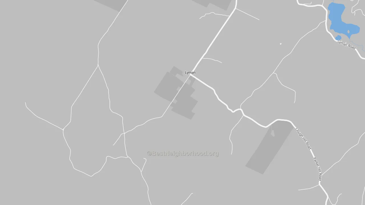Walk Grade map of Lyman, NH, walkable areas in green and car-dependent areas in red