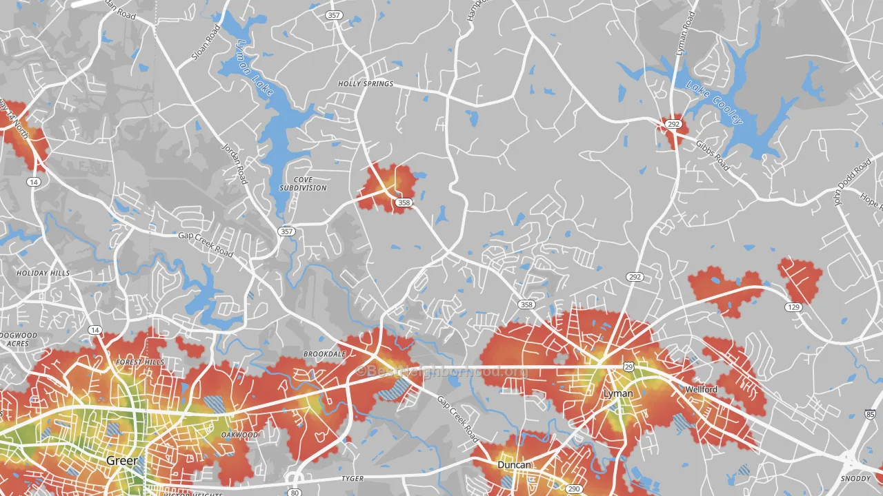 Walk Grade map of Lyman, SC, walkable areas in green and car-dependent areas in red