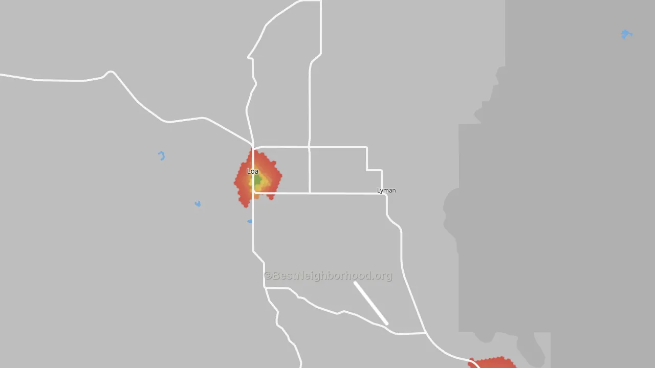 Walk Grade map of Lyman, UT, walkable areas in green and car-dependent areas in red