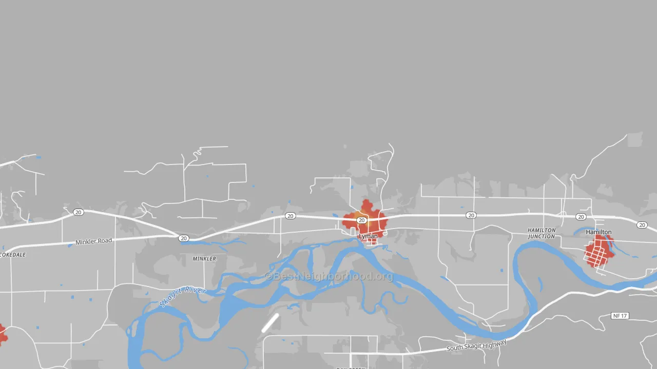 Walk Grade map of Lyman, WA, walkable areas in green and car-dependent areas in red