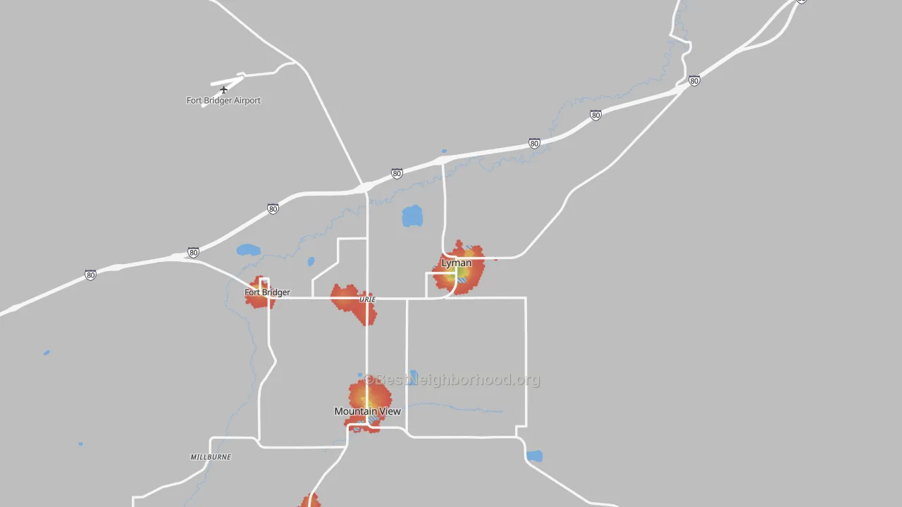 Walk Grade map of Lyman, WY, walkable areas in green and car-dependent areas in red