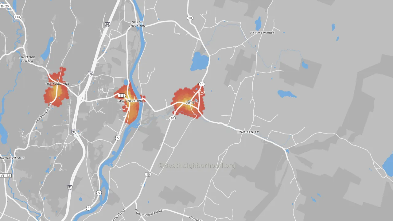 Walk Grade map of Lyme, NH, walkable areas in green and car-dependent areas in red