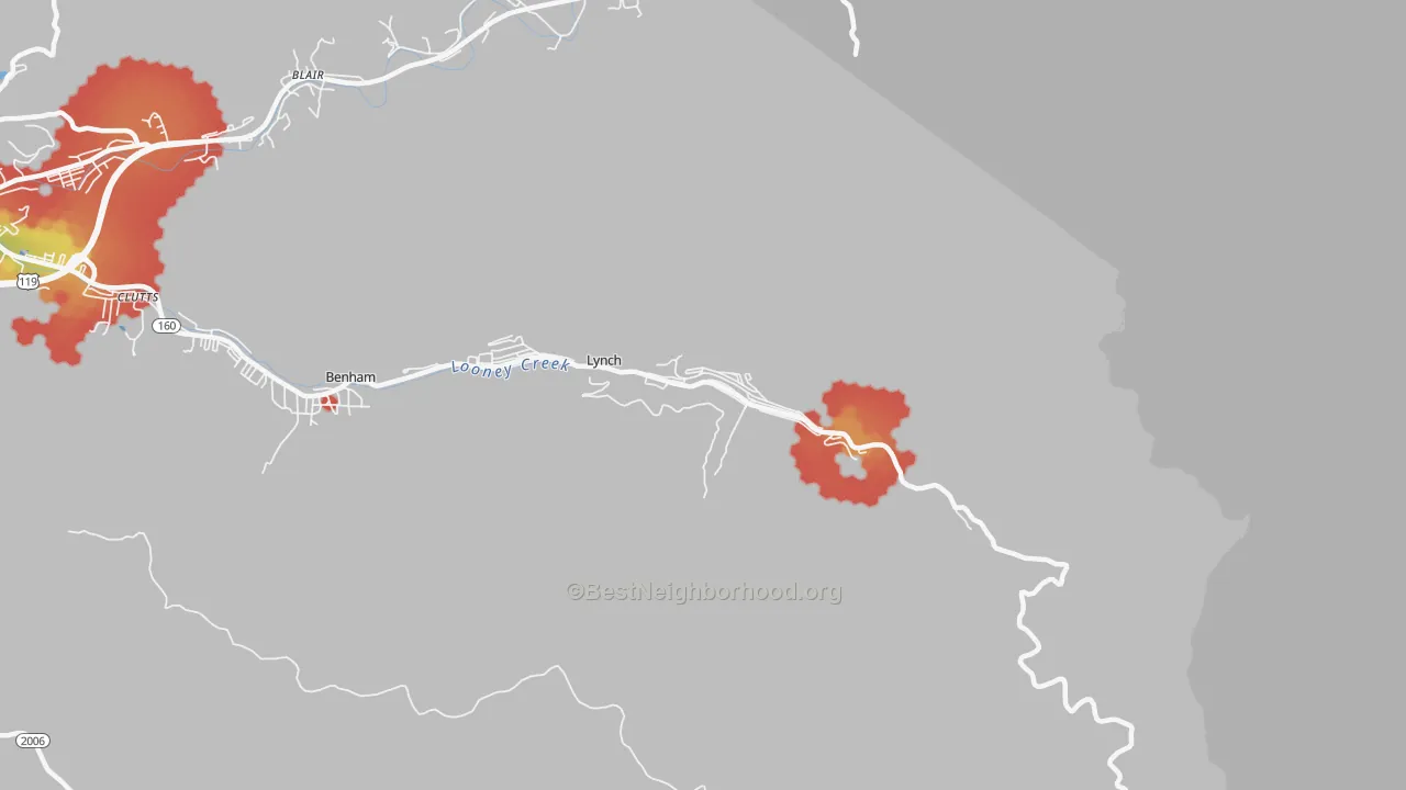 Walk Grade map of Lynch, KY, walkable areas in green and car-dependent areas in red