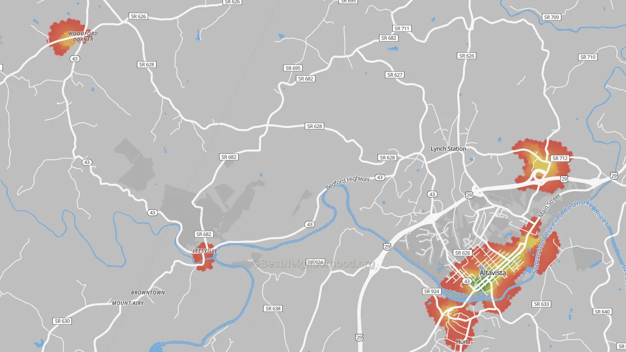 Walk Grade map of Lynch Station, VA, walkable areas in green and car-dependent areas in red